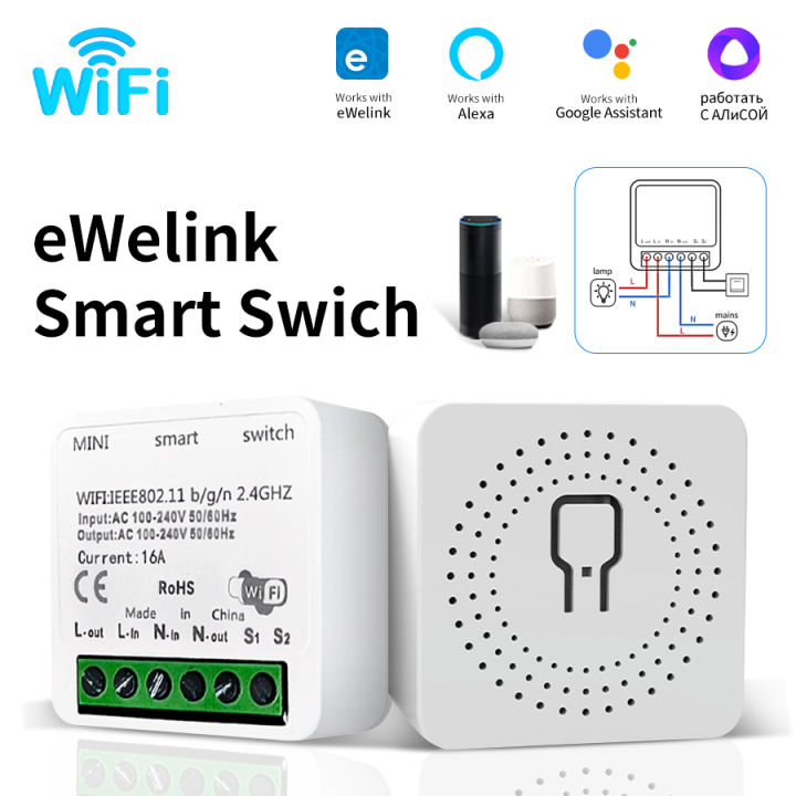 Mini WiFi Smart Switch 16A DIY Breaker Light Switch Relay eWeLink App Control Alexa  Assistant Voice Control lightify