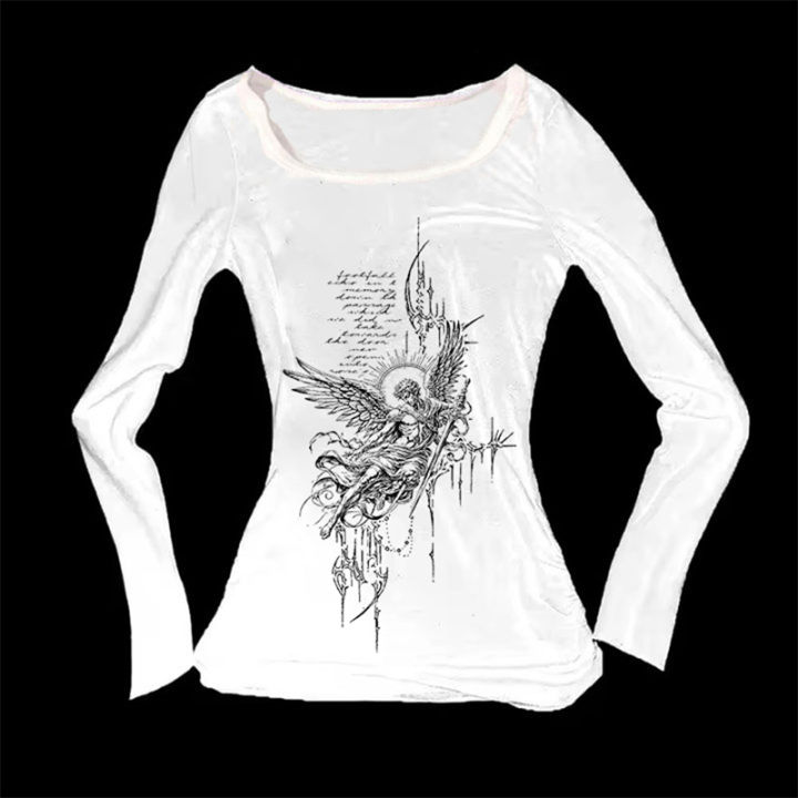Autumn and winter new American style Y2K women's slim fit top T-shirt simple daily DIY printed long sleeved T-shirt base shirt
