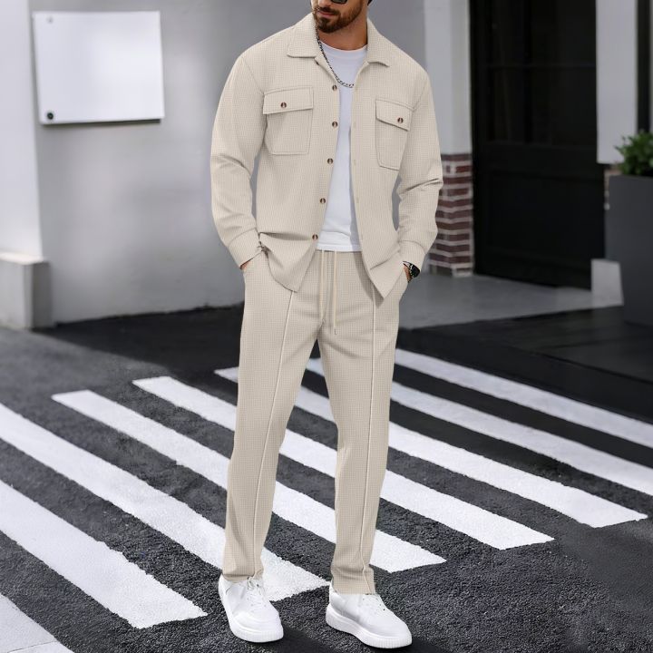 Men's Waffle Check Workwear Fashionable Lapel Button Jacket And Long Pants Comfortable Breathable Casual Business Outfi 1/2piece