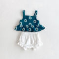 Summer Baby Girl's Daisy Printed Suspenders Top + Lace Shorts Set - Sweet Printed 2-Piece Set. 