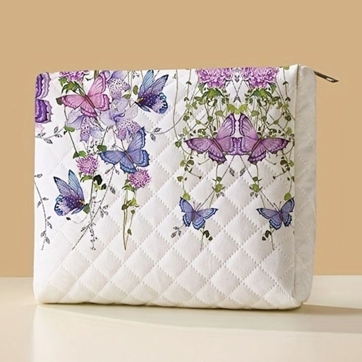 1pc,Purple butterfly print pattern makeup bag, portable makeup storage bag, multifunctional storage bag, lightweight travel bag