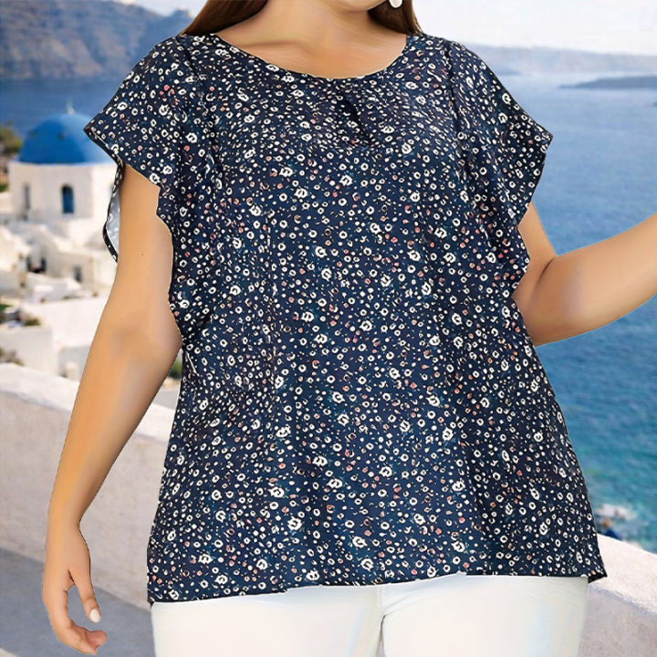 Women's%20plus%20Size%20Floral%20Print%20Ruffled%20round%20Neck%20Short%20Sleeve%20Shirt%20Elegant%20Ruffle%20Sleeve%20Top%20Summer%20Fashion%20Casual%20Blouse%20-%20Image%203