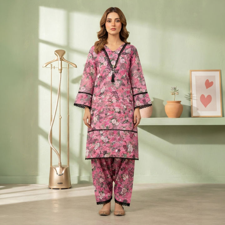 Stitched Digital Print China Linen Fabric Stylish Fashionable Two Piece Set for Women