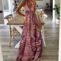 European And American New 2023 Bohemian Style New Strap Long Dress High Waist V-Neck Printed Fragmented Flower Dress Women's Wea. 