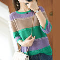 Women knitted Three Quarter Sleeve Sweater Female Striped Thin Hollow Out O-neck Pullover Ladies Loose Streetwear Tops.