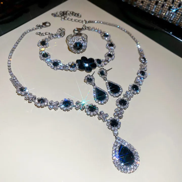 Multi-style%204%20Pcs%20Water%20Drop%20Rhinestones%20Pendant%20Necklaces%20for%20Women%20Shiny%20Flower%20Chains%20Bracelets%20Earrings%20Rings%20Jewelry%20Sets%20K%20-%20Image%203