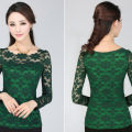 Women's form-fitting long-sleeved lace blouse with a feminine silhouette plus size clothing. 