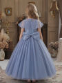 Tween Girl Grey Blue Wedding Flower Girl Dress with Removable Butterfly Knot Decorative Belt, Small Shawl with Floral Embroidery. 