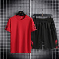 Three bar men's sports suit, summer quick drying and breathable round neck short sleeved T-shirt, shorts, sports two-piece set. 