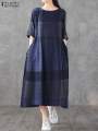 ZANZEA Women Cotton Linen Dresses Vintage Plaid Half Sleeve Midi Vestidos Casual O-neck Long Sundress 2023 Holiday Pocket Robes.