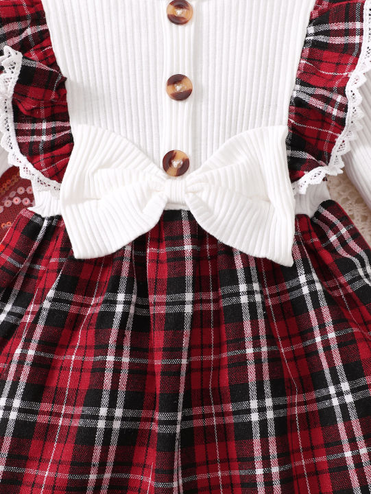 Baby%20girl's%20new%20fashionable%20plaid%20patchwork%20groove%20lace%20design%20bow%20dress%20and%20headband%20-%20Image%203