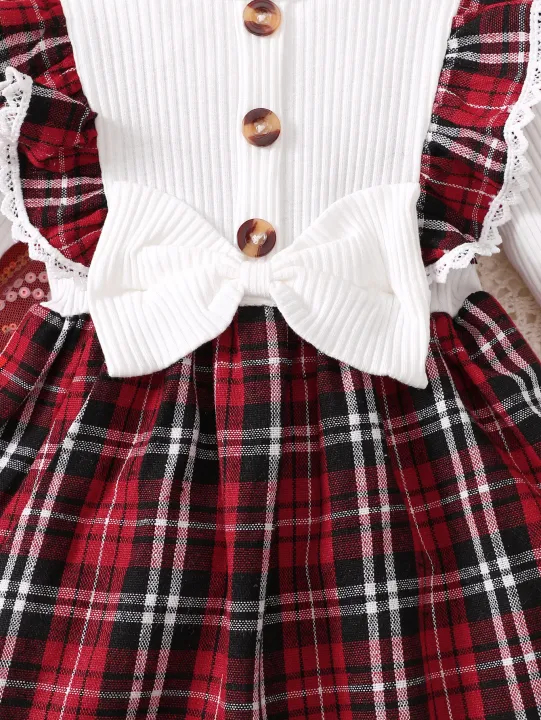 Baby%20girl's%20new%20fashionable%20plaid%20patchwork%20groove%20lace%20design%20bow%20dress%20and%20headband%20-%20Image%203
