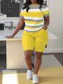 Trendy Plus Size Women's Two Piece Set Striped Short Sleeve Top and High Waist Shorts Casual Outfit. 