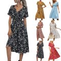 High Quality Luxury Design Dress 2024 Elegant Waist Cinching V-neck Printed Elastic Waist Maxi  Dress Women Clothing Vestido. 