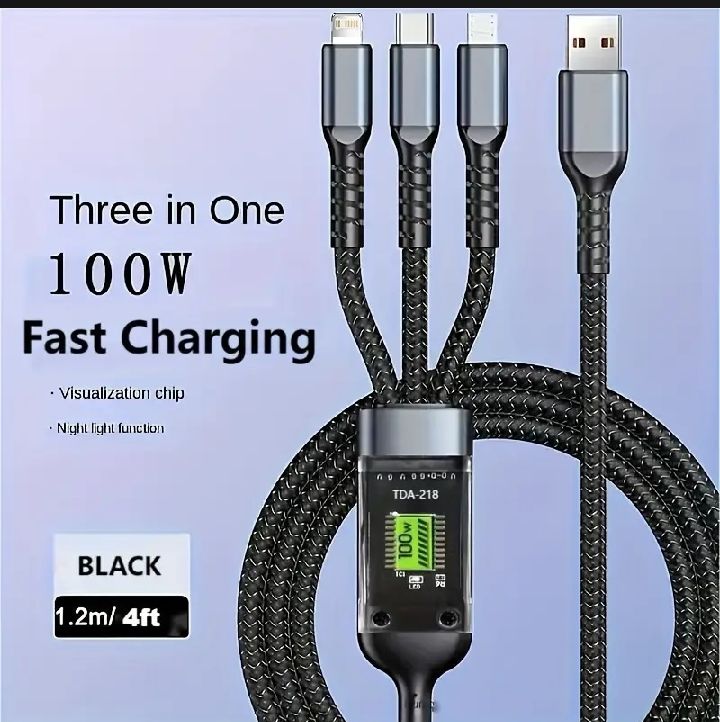 3 In 1 100W USB Type C Fast Charging Cable For iPhone Xiaomi Poco Huawei Samsung Micro USB Type C Multi Port Charging Wire |