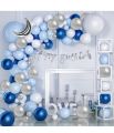 Blue theme birthday decoration items kit for boys with silver moon foil balloon and blue, white and silver balloons set with cursive HBD Banner- 64 Items. 