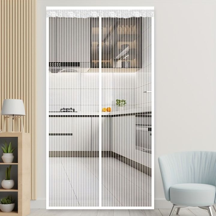 Magnetic%20Door%20Curtain%20with%20Mesh%20-%20No-Drill%20Installation%20Suitable%20for%20Indoor/Outdoor%20Use,%20White%20Stripe%20Mosquito%20Proof%20Screen%20-%20Image%203