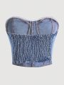 European style plunging neck denim spring new style  and intense allure fitted waist shaping design. 