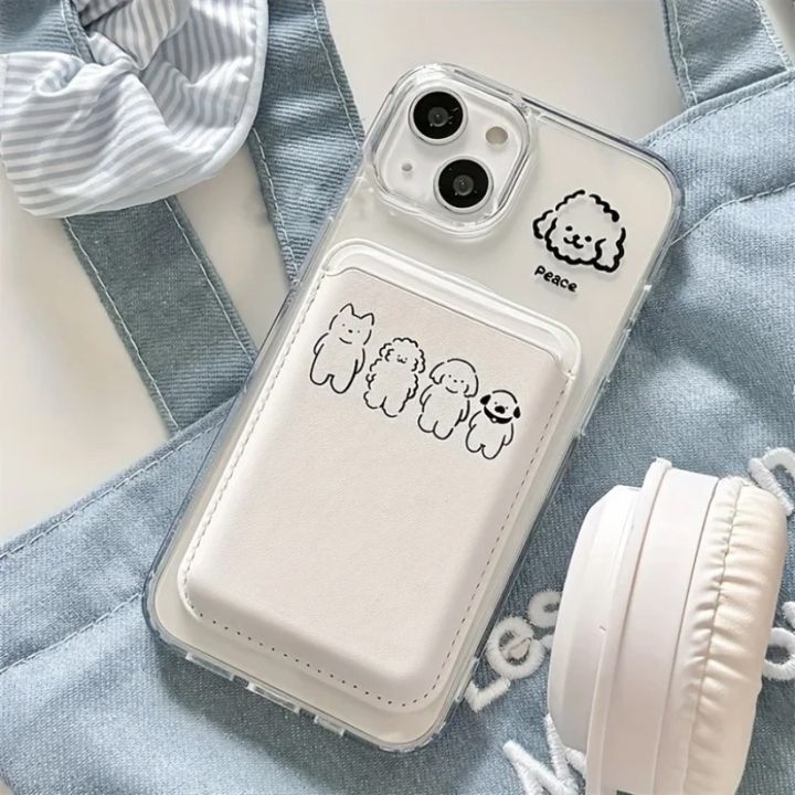 1pc Cute Dog Design Artificial Leather Magnetic Wallet Card Holder for iPhone 17 16 15 14 13 12 Pro Max Card Slot Accessory