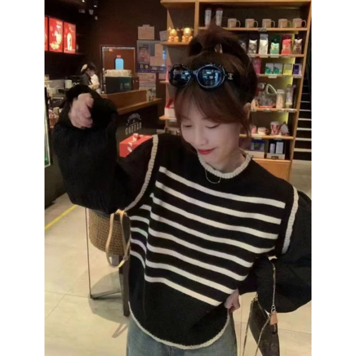 women%20Black%20and%20white%20striped%20fake%20two-piece%20knitted%20sweaters%20pring%20and%20autumn%20Korean%20soft%20glutinous%20pullover%20sweater%20female%20-%20Image%204