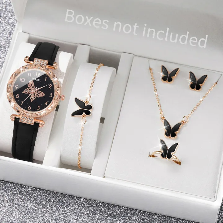 6PCS/Set Women's Watch Fashion Rhinestone Leather Band Quartz Watches Butterfly Jewelry Set(Without Box)