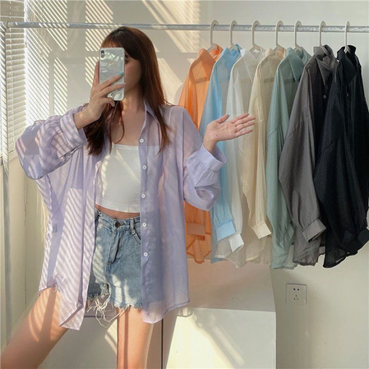 Shirt for Women Blouse Long Sleeve Top Female Chiffon Loose Cardigan Thin Sexy Solid Color Casual Shirt