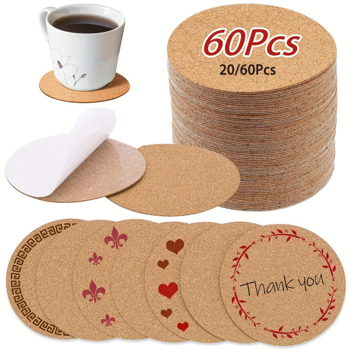 20-60Pcs Self-Adhesive Cork Sheets for DIY Coasters Round Backing Cork ...