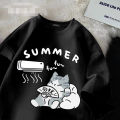 Summer Japanese Cartoon Cute Cat Funny Printed Short-sleeved T-shirt for Ladies and Boys Same Loose Casual Large-size Top.