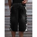 Men Black Non-Stretch Denim Jorts Summer Streetwear Print Baggy Wide Leg Knee Length Hip Hop Casual Shorts Y2K Punk Style.