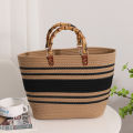 Ladies Woven Tote Bamboo Handle Women Weaving Bag Large Capacity Striped Portable Casual Fashion Exquisite for Seaside Party. 