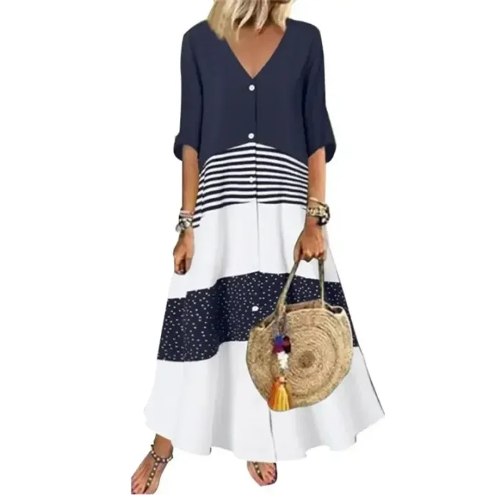 Plus%20size%20summer%20Women's%20Fashion%20Short%20Sleeve%20Dress%20V-neck%20Printed%20Long%20Elegant%20Loose%20Dress%20Button%20Casual%20Large%20Women's%20Dress%20-%20Image%204