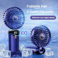 3000mAh Handheld Mini Fan Foldable Portable Neck Hanging Fans 5 Speed USB Rechargeable Fan with Phone Stand and Display Screen. 