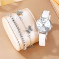 3Pcs Ladies Fashion Trend Simple Digital Star Pointer White Leather Quartz Watch Butterfly Rhinodiamond Cat's Eye Bracelet Set. 