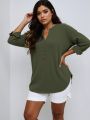 Plus Size 2025 New Casual Tops Women's Loose Long Sleeve Stand Collar T-shirts Polyester Fashion Female Apparel V-neck Clothing.