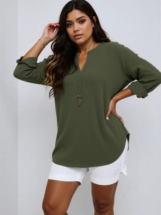 Plus%20Size%202025%20New%20Casual%20Tops%20Women's%20Loose%20Long%20Sleeve%20Stand%20Collar%20T-shirts%20Polyester%20Fashion%20Female%20Apparel%20V-neck%20Clothing%20-%20Image%202