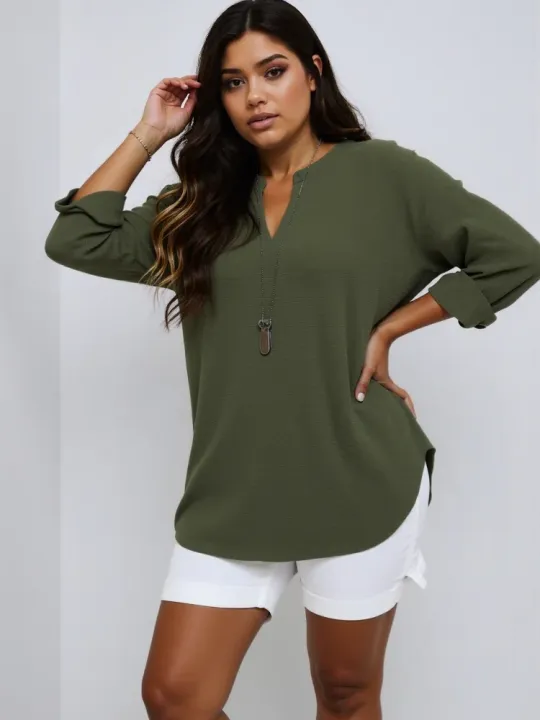 Plus%20Size%202025%20New%20Casual%20Tops%20Women's%20Loose%20Long%20Sleeve%20Stand%20Collar%20T-shirts%20Polyester%20Fashion%20Female%20Apparel%20V-neck%20Clothing%20-%20Image%202