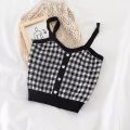 Summer New Fashion Women Plaid Crop Buttons Camis Knitting Cute Tank Tops Ladies Sleeveless Solid Crop Tops.