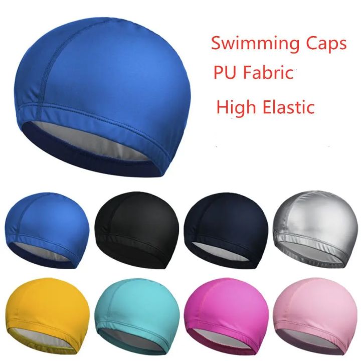 2025 New Waterproof PU Fabric Protect Ears Solid Color Waterproof Adults/kids Swimming Caps Swim Pool Hat PU Fabric Protect Ears