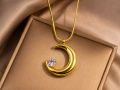 Women's Gold Crescent Moon Crystal Necklace | Korean Style Elegant Pendant Chain | Fashion Jewelry Gift.