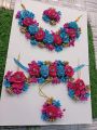 Artificial Flowers Bridal Jewelry Set with Choker Necklace, Earrings, Matha Tikka and 1 hand Bracelet attached With Ring for Bride Fashionable design Wedding Engagement Mehndi for wear. 
