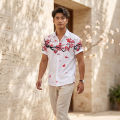 Sunnyheart Shirt for Men - Summer Wear Polyester Shirt, Ink & Wash Plum Blossom Flower Print Top in White Color. 