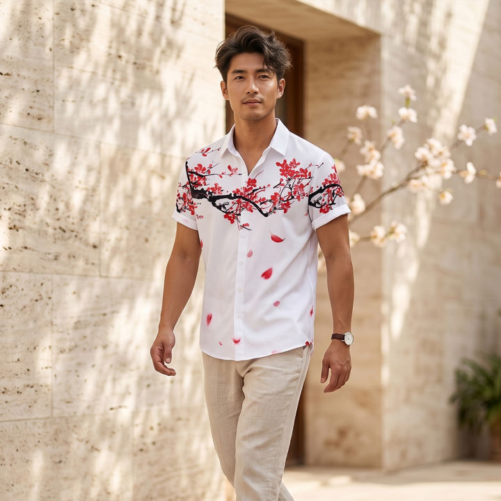 Sunnyheart%20Shirt%20for%20Men%20-%20Summer%20Wear%20Polyester%20Shirt,%20Ink%20&%20Wash%20Plum%20Blossom%20Flower%20Print%20Top%20in%20White%20Color%20-%20Image%203