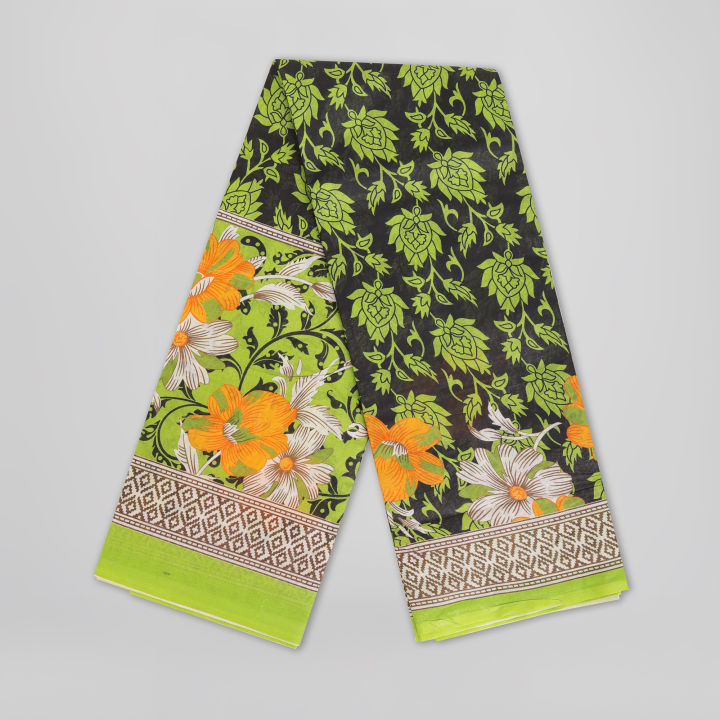 Bright%20Orange%20&%20White%20Floral%20Print%20on%20Olive%20Green%20Body%20%7C%20Digital%20Printed%20Saree%20%7C%20Contrast%20Aanchal%20&%20Border%20-%20Image%203