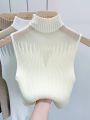 Mesh Knitted Top Women Y2K Tank Top Half Neck Vest Female Sleeveless Sweater Chic Cut Out Streetwear Solid Skinny White Tube Top.