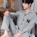 Pajamas Men's Long-Sleeved Spring and Autumn Men's Thin Youth Loose Home Clothes Two-Piece Suit.