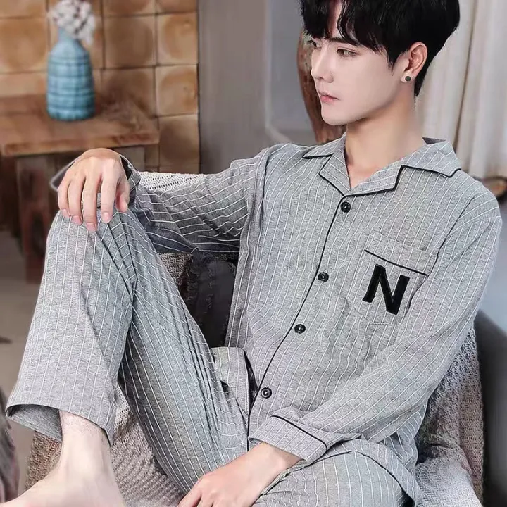 Pajamas%20Men's%20Long-Sleeved%20Spring%20and%20Autumn%20Men's%20Thin%20Youth%20Loose%20Home%20Clothes%20Two-Piece%20Suit%20-%20Image%204
