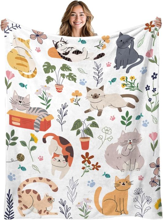 1PC Handdraw Cute Cats pattern Throw Thin Blanket for Couch Bed Car Home Camping For Cute animals Lovers all season use