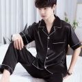 New Ice Silk Pajamas, Men's Summer Short-Sleeved Trousers, Thin High-End Simulated Silk Plus-Size Loose Loungewear Two-Piece Set.