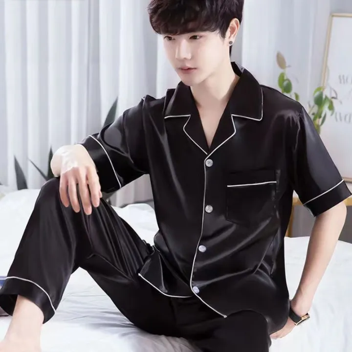 New%20Ice%20Silk%20Pajamas,%20Men's%20Summer%20Short-Sleeved%20Trousers,%20Thin%20High-End%20Simulated%20Silk%20Plus-Size%20Loose%20Loungewear%20Two-Piece%20Set%20-%20Image%202