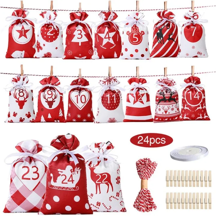 Set De 24 Bolsas De Adviento Para Rellenar – Calendario DIY Con Pinzas, Cinta Y Cuerdas, Diseño Navideño Gris Azulado De 19,5 X 12 Cm